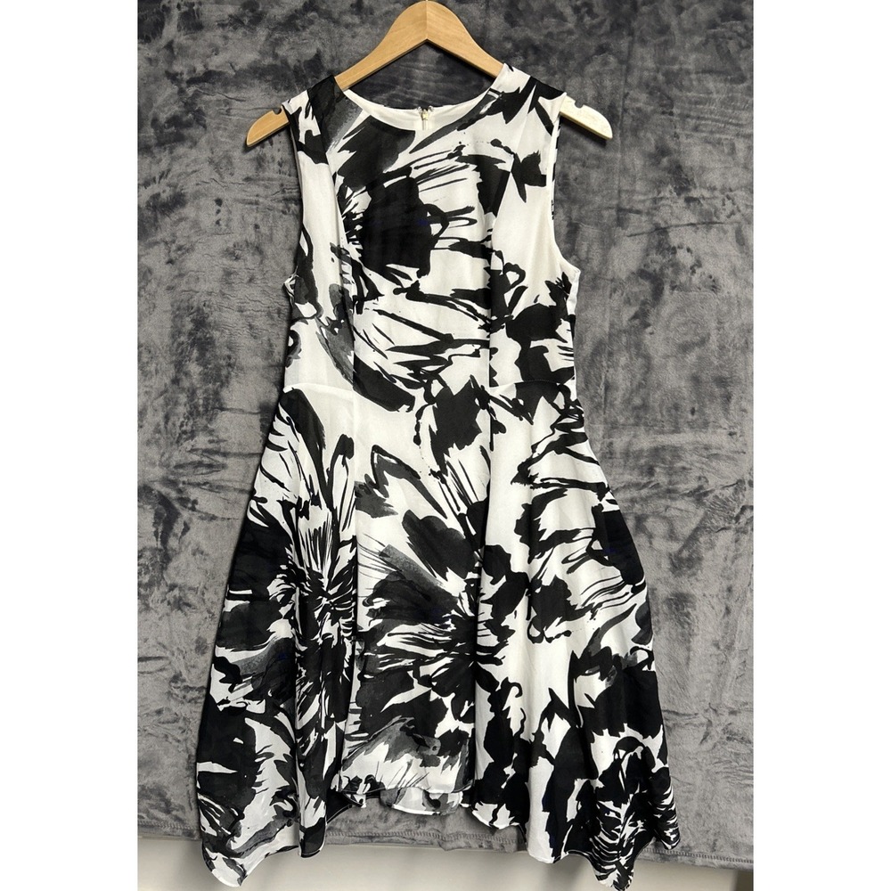DKNY Women's 8 Black White Midi Dress Asymmetrical Hem Sleeveless Artsy Flowing